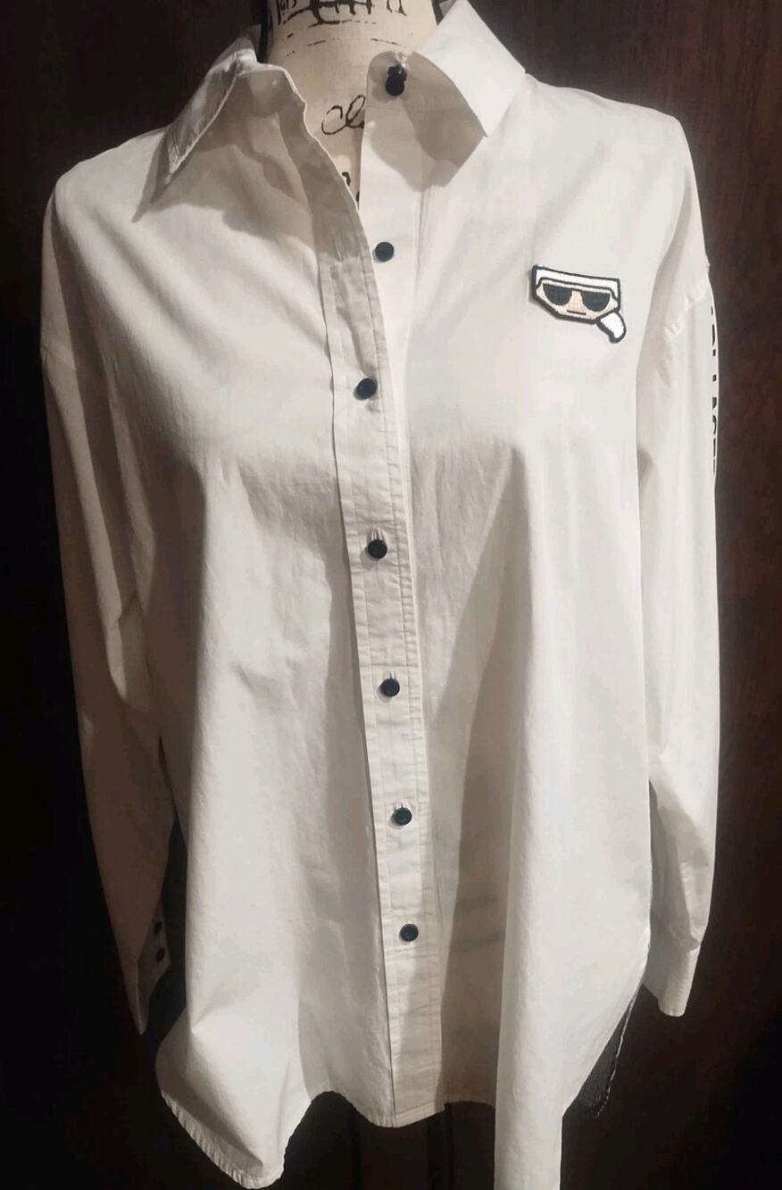 Karl Lagerfeld Womens Medium Blouse Black White Logo Paris Design Long Sleeve